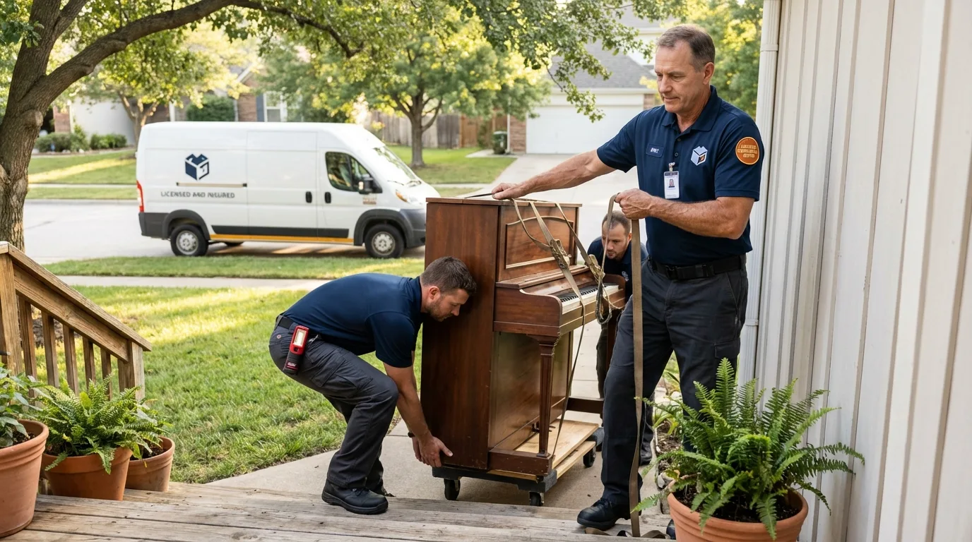 Licensed piano movers securing grand piano in Venice, IL
