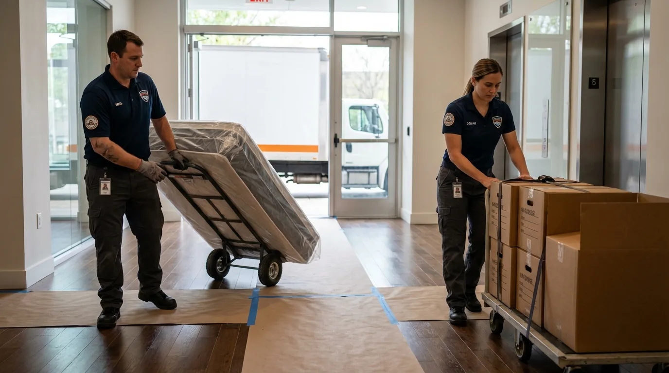 Professional apartment movers loading elevator in Venice, IL