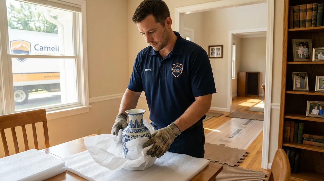 Professional crew carefully wrapping antique vase for senior downsizing move in Venice, IL